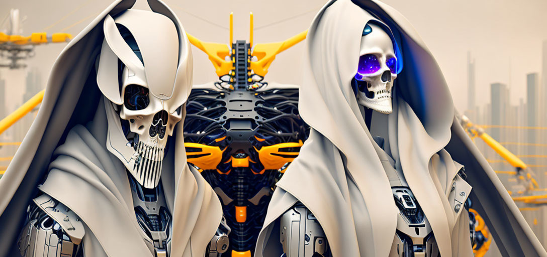 Futuristic robotic figures with skull-like faces in white cloaks against urban backdrop.