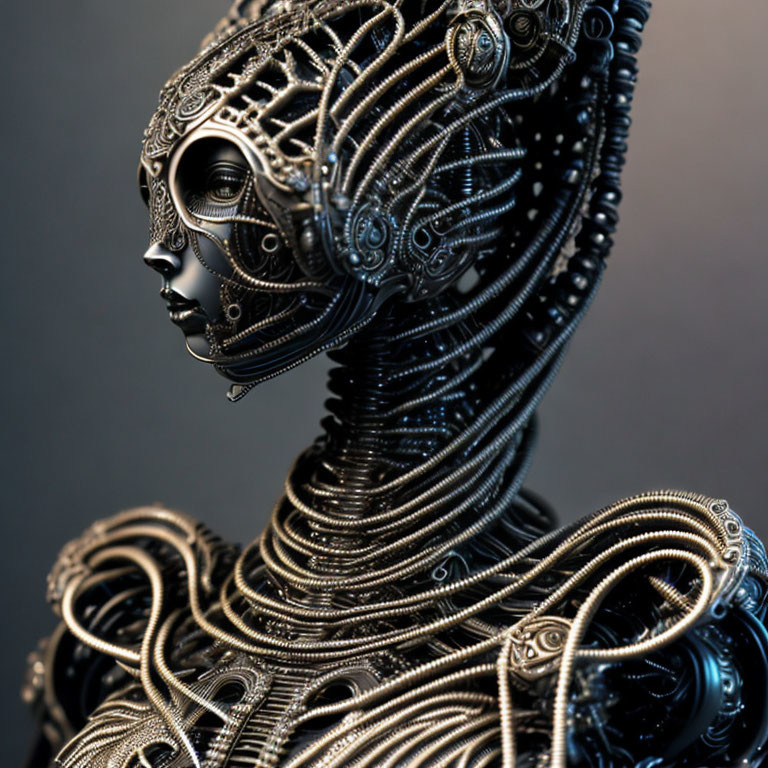 Detailed futuristic sculpture featuring intricate wire details.