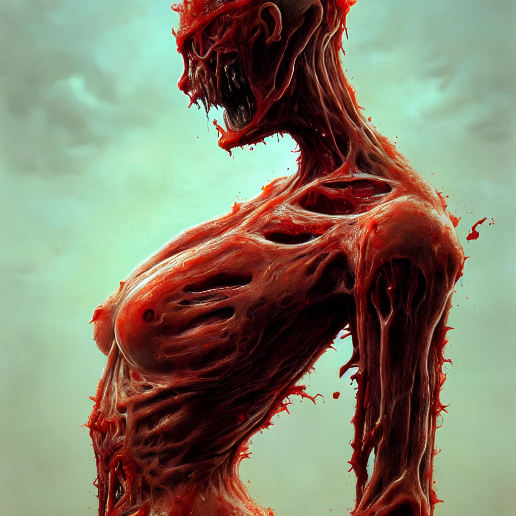 Red muscular creature with elongated face in cloudy backdrop