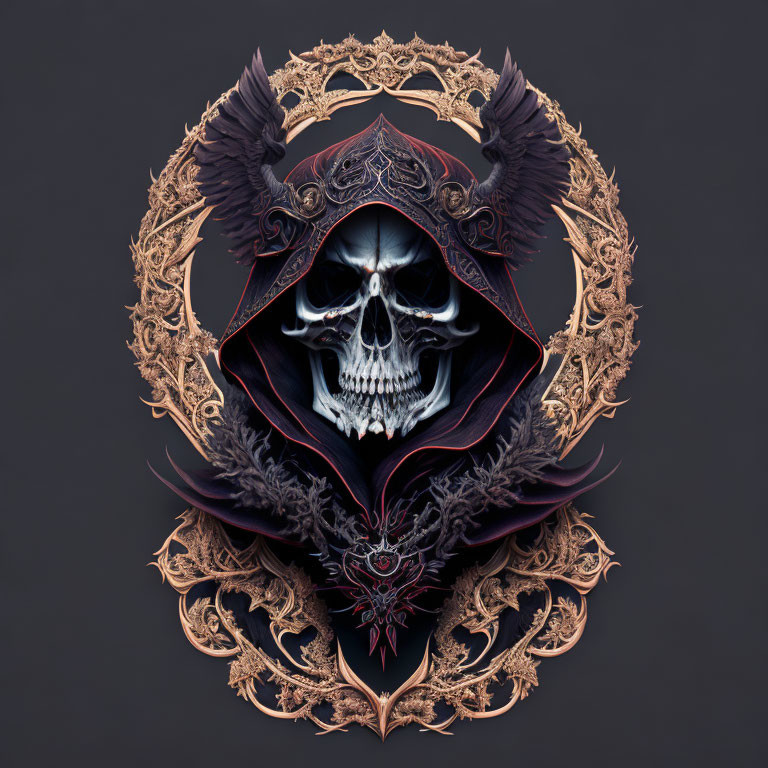 Detailed Gothic Skull Artwork with Horns and Cloak on Dark Background