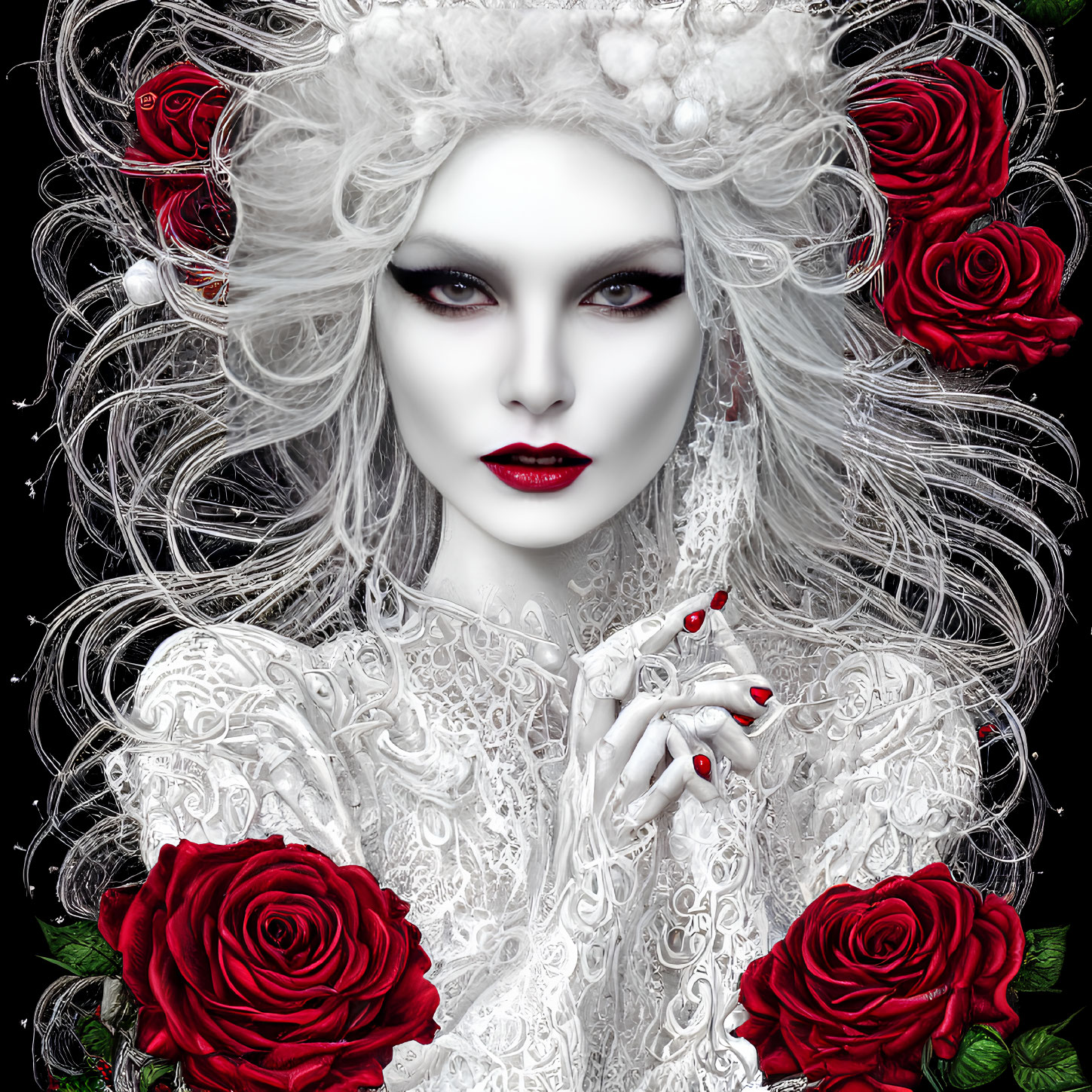 Pale figure with smoky eyes and red lips in gothic attire with red roses.