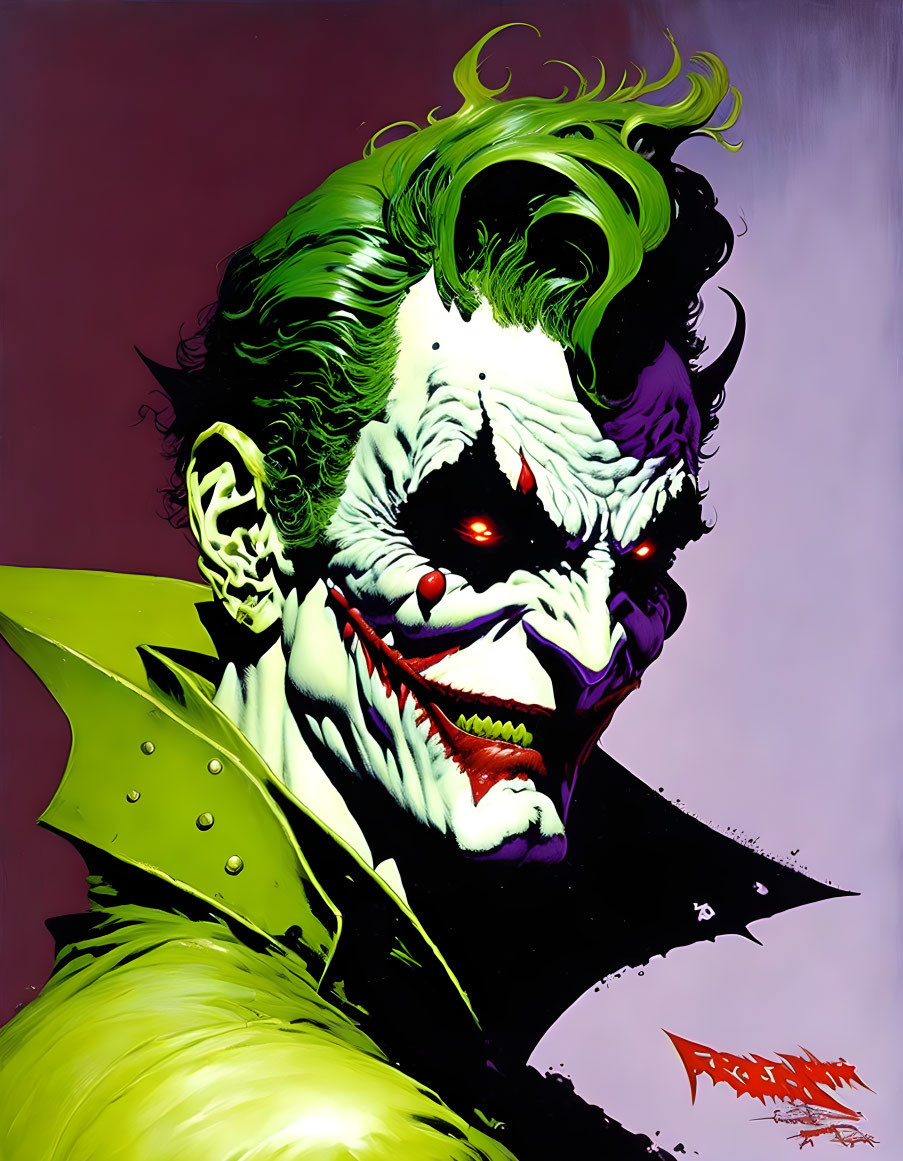 Colorful Joker illustration with green hair, white face, red eyes, and menacing smile on purple background