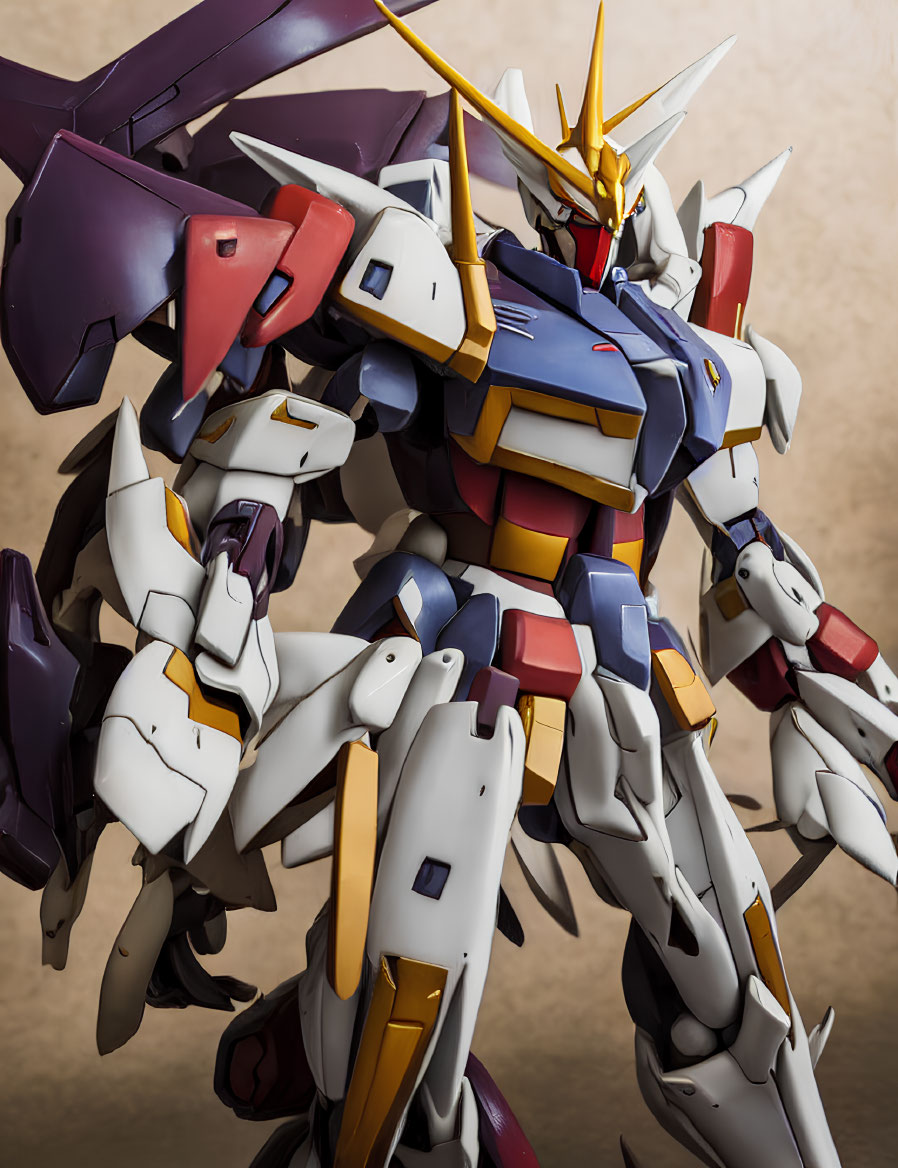 Detailed White Mecha Model with Blue, Red Accents & Yellow V Crest