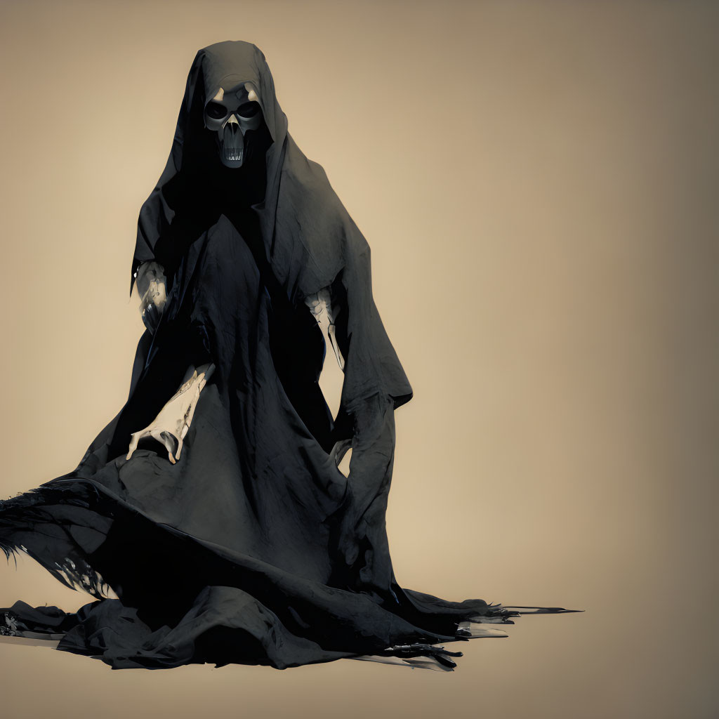 Hooded figure with skull face and ghostly light in tattered robes