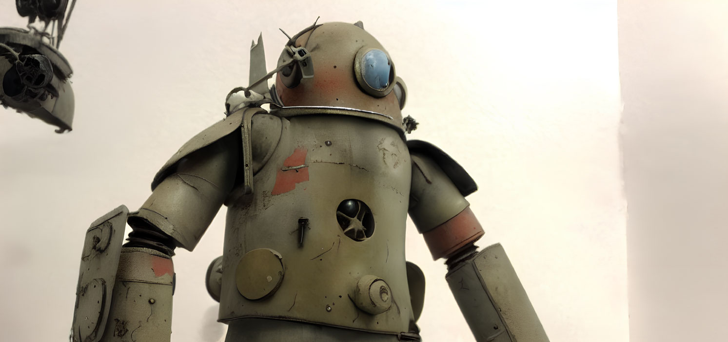 Vintage robot with large blue eye and faded paint on neutral background