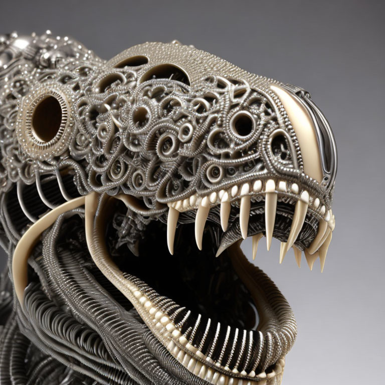 Detailed Metal Dragon Head Sculpture with Intricate Patterns and Sharp Teeth