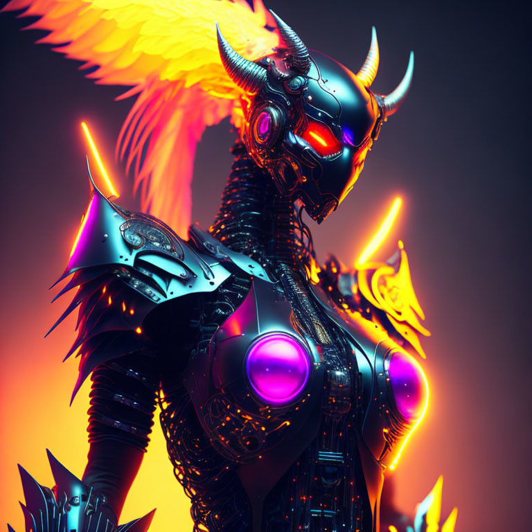 Armored robot with purple glow and fiery wings on gradient backdrop