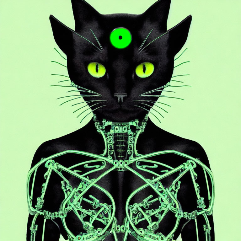 Surreal image of human body with mechanical details and cat head