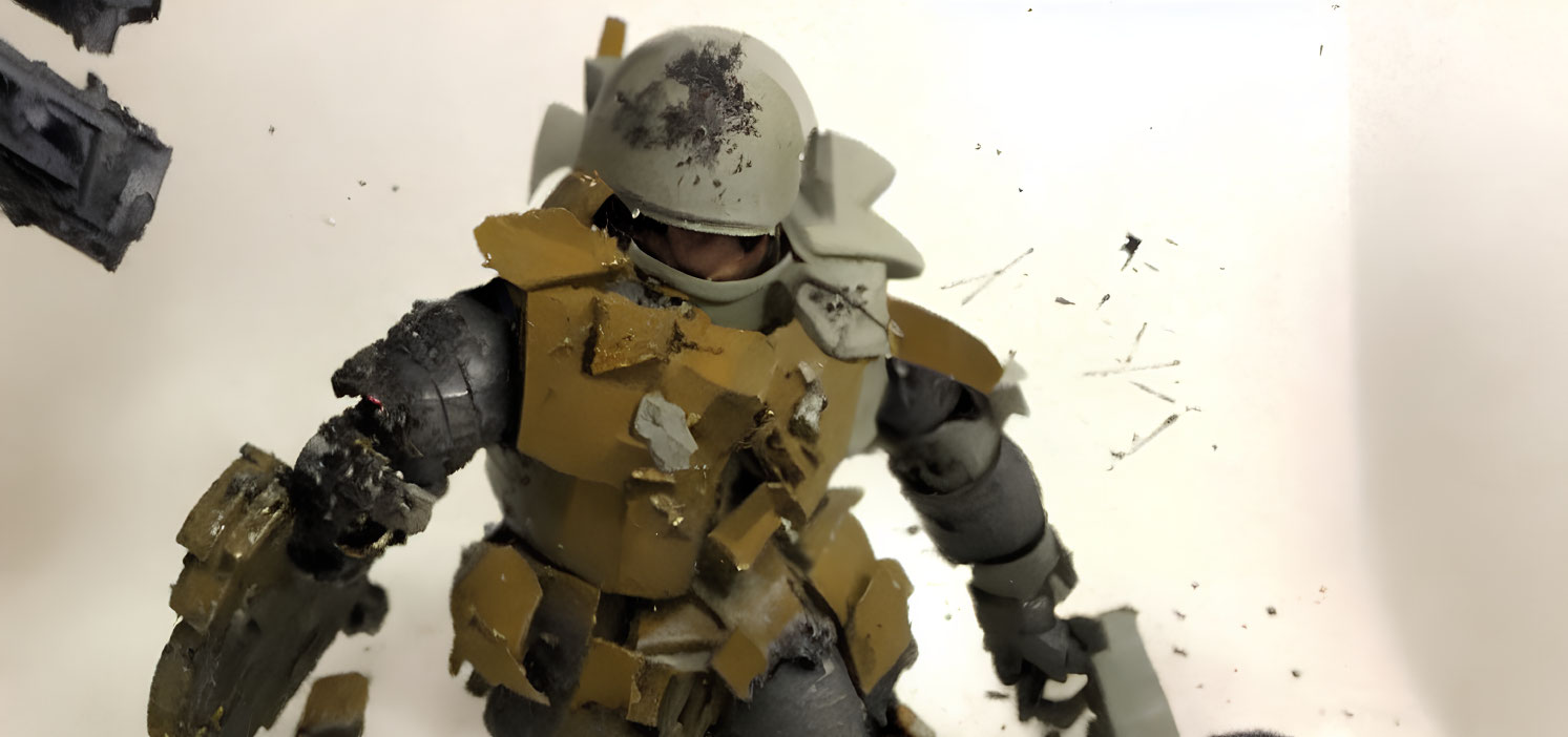 Detailed futuristic soldier model in combat with battle damage and debris effects