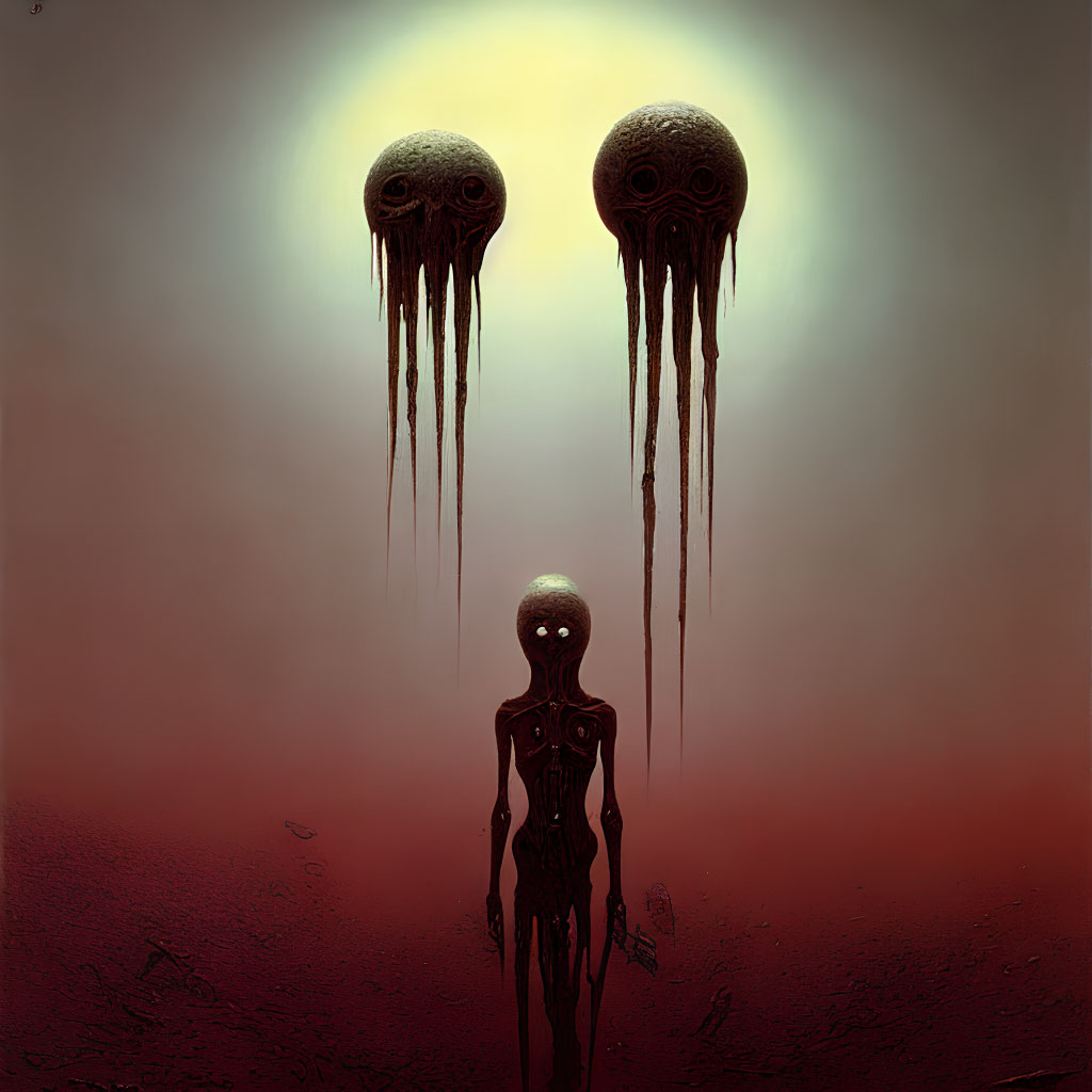 Sci-fi scene: humanoid figure under floating orbs on misty ground