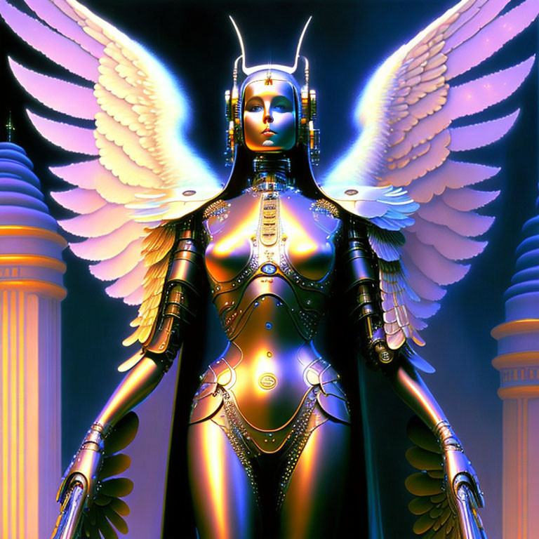 Angel-inspired robot with wings and metallic armor in ethereal setting.