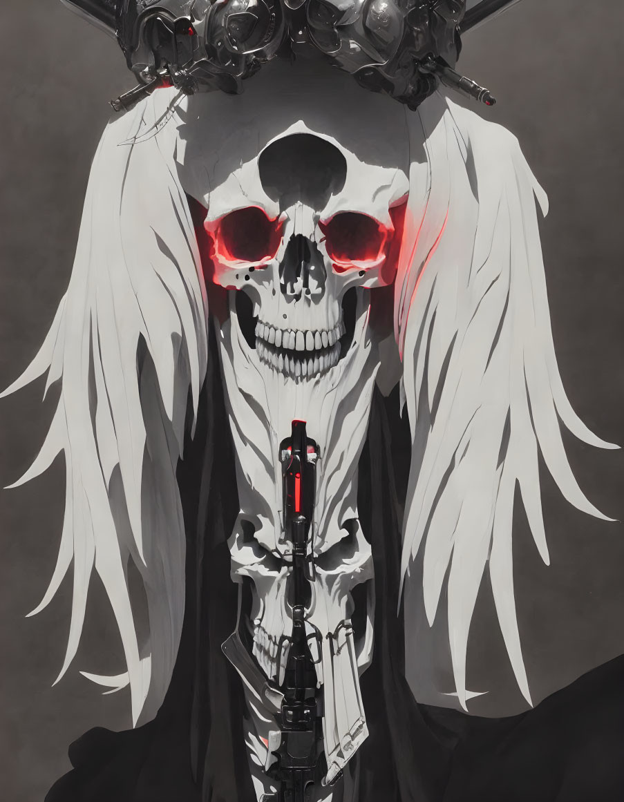 Skull with Glowing Red Eyes and Futuristic Headset on Gray Background