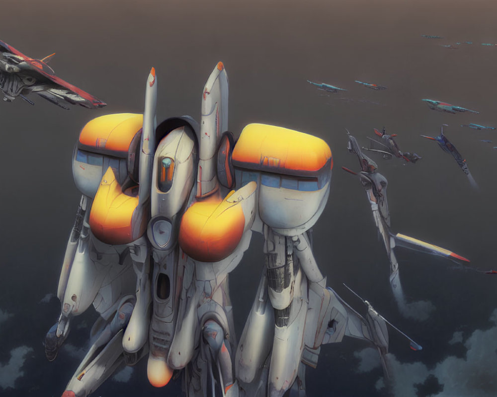 Futuristic white and orange fighter jets in cloudy sky