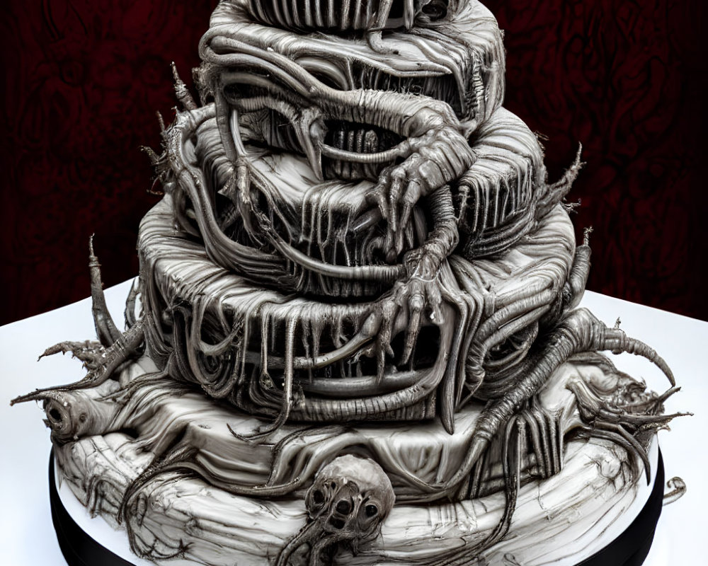 Gothic-style tiered cake with bone and skeleton motifs in monochrome on dark red background