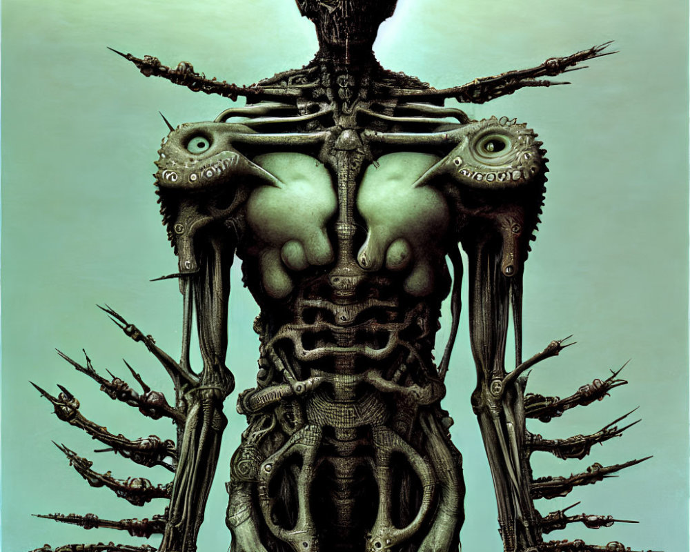 Intricate biomechanical humanoid silhouette with surreal elements