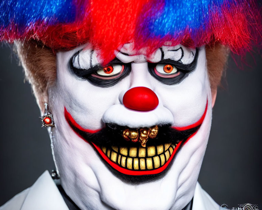 Sinister Clown with Blue and Red Wig and Exaggerated Red Smile