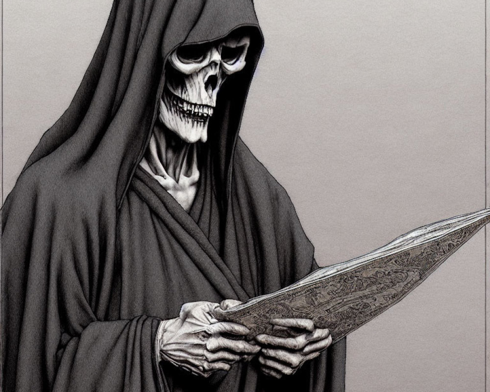 Skeletal figure in hooded cloak holding decorated blade