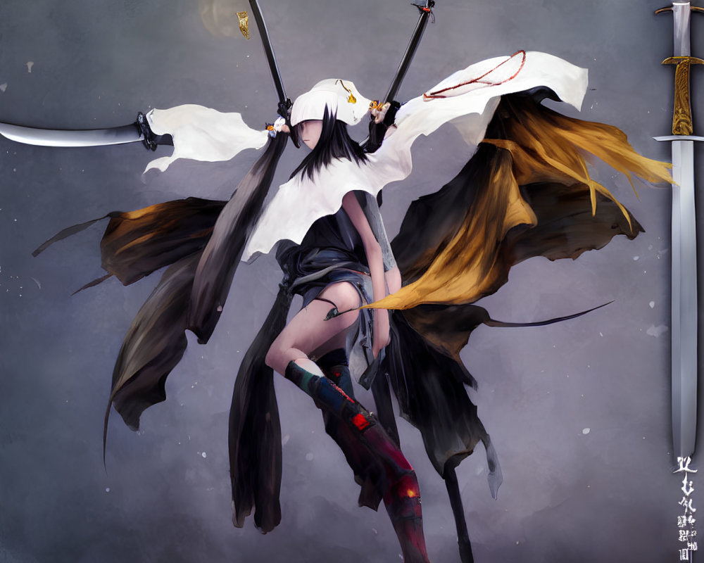 Female anime-style warrior with dual swords and white cape in dynamic illustration