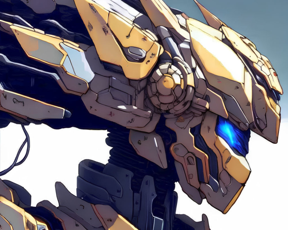 Detailed Yellow and Blue Mecha Robot Illustration on Light Background