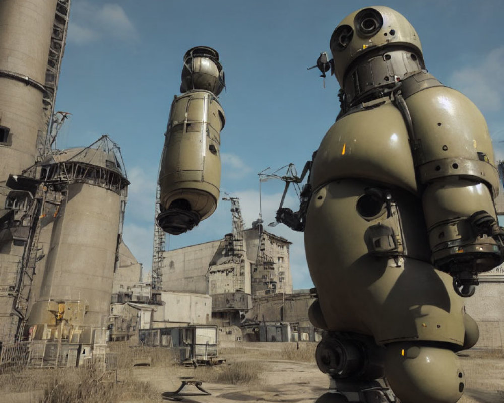 Abandoned industrial area with large humanoid robot and silos.