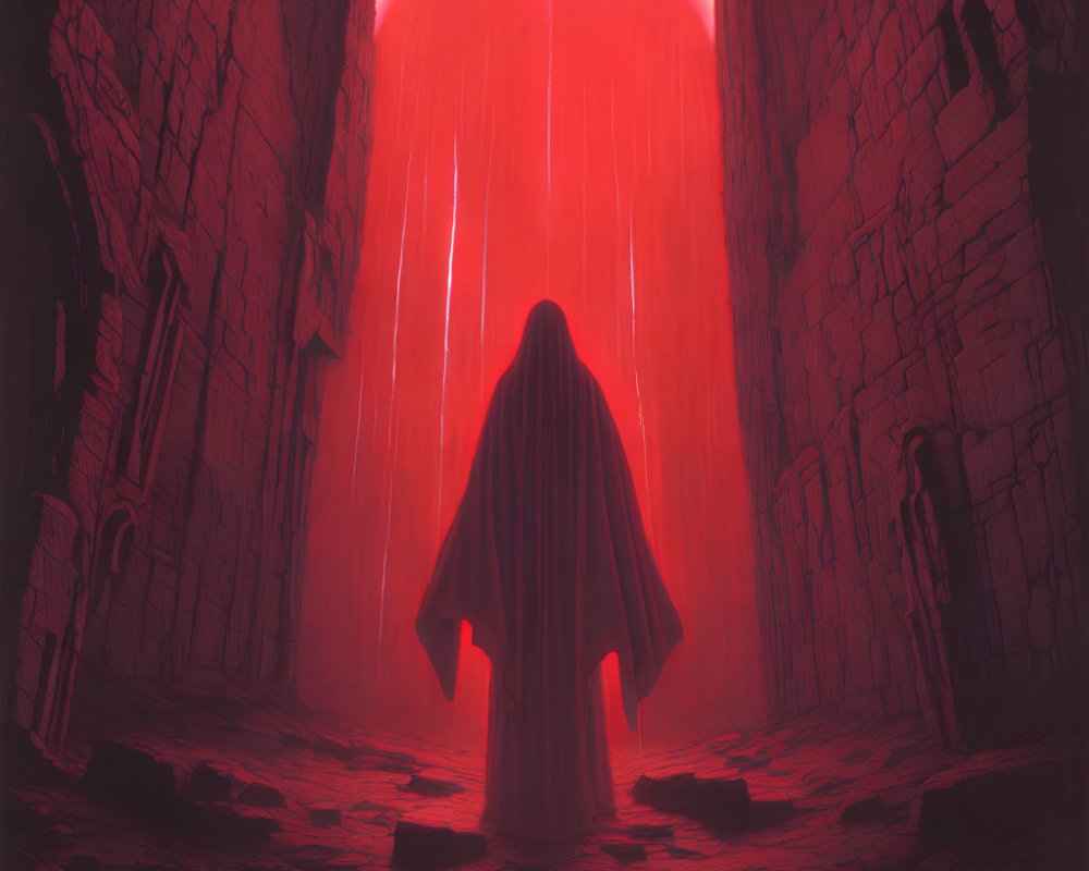 Cloaked figure in stone hallway facing glowing red portal