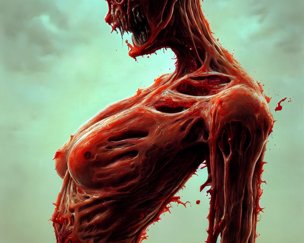 Red muscular creature with elongated face in cloudy backdrop