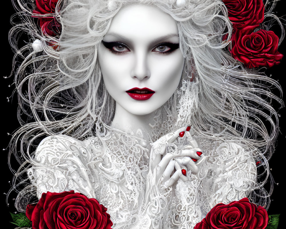 Pale figure with smoky eyes and red lips in gothic attire with red roses.