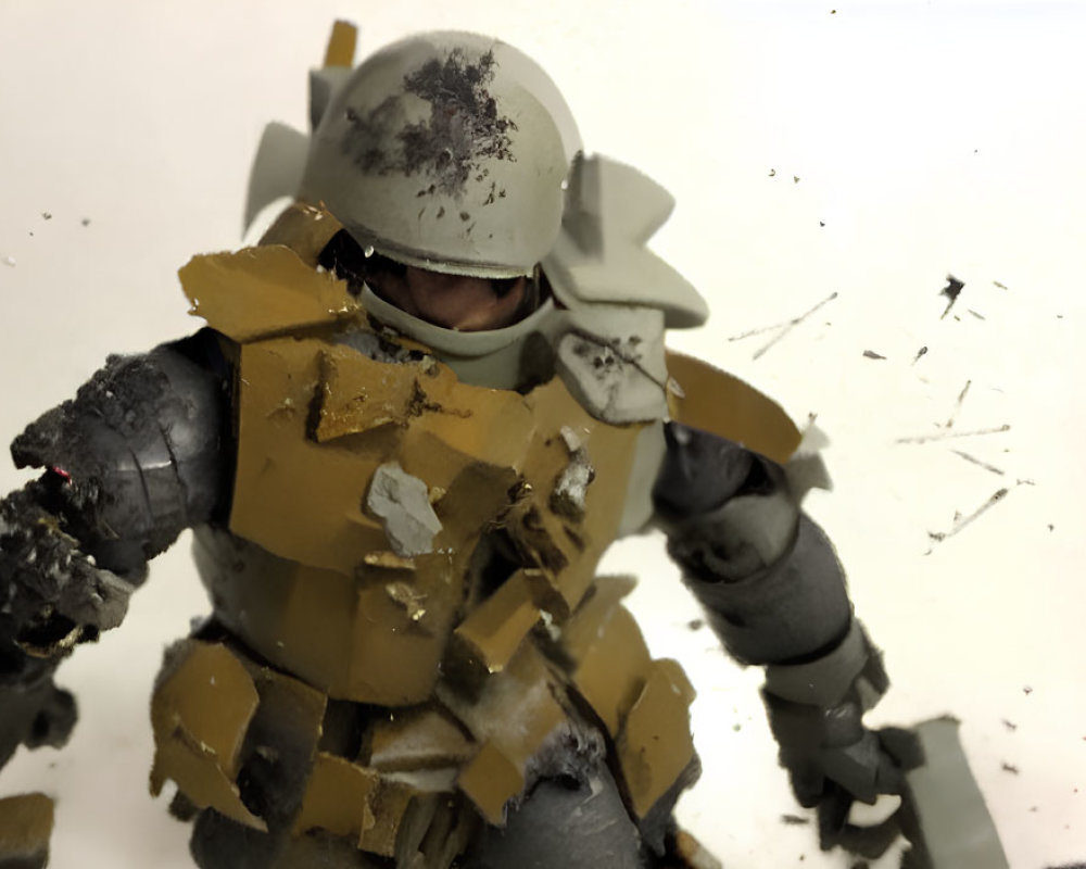 Detailed futuristic soldier model in combat with battle damage and debris effects