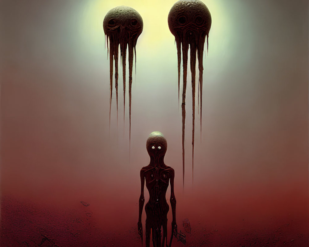 Sci-fi scene: humanoid figure under floating orbs on misty ground