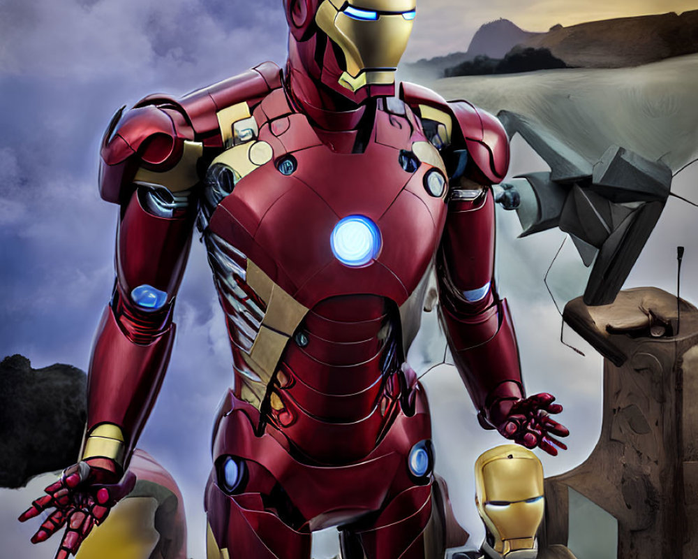 Dynamic Iron Man illustration with glowing arc reactor and repulsors, set in cloudy skies and rugged terrain