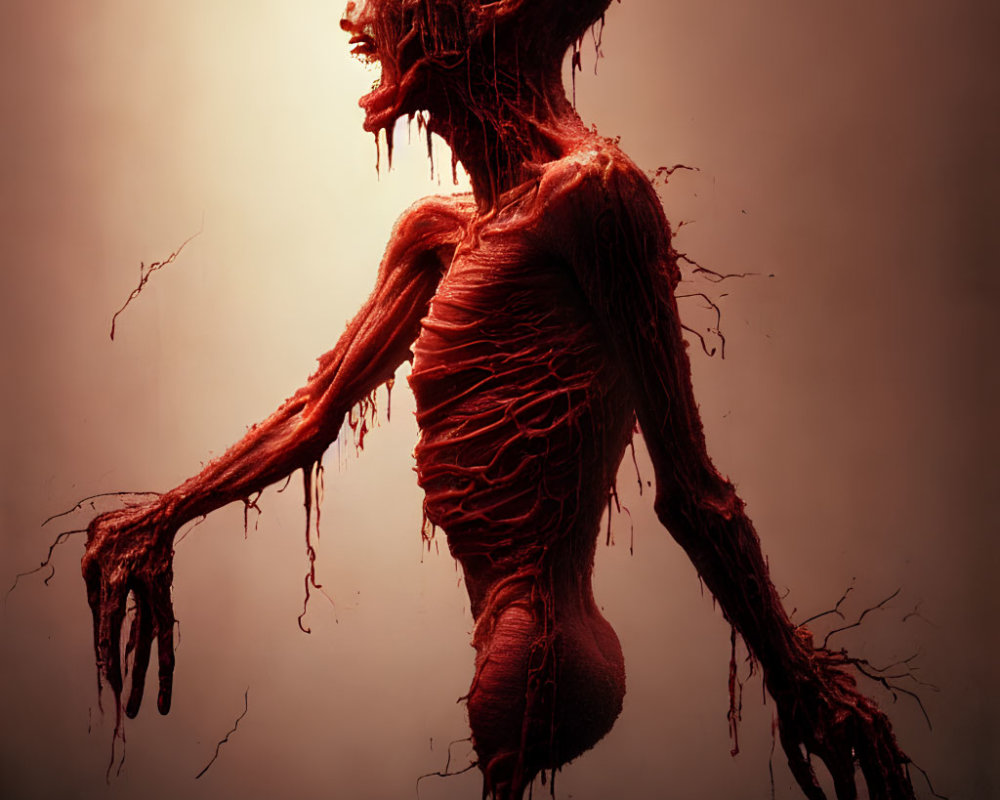 Emaciated creature with exposed muscle and elongated limbs on dark red backdrop