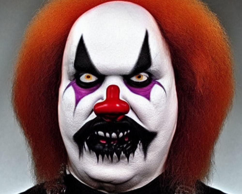 Clown makeup with white face, red nose, sharp teeth, dark eye designs, and red hair