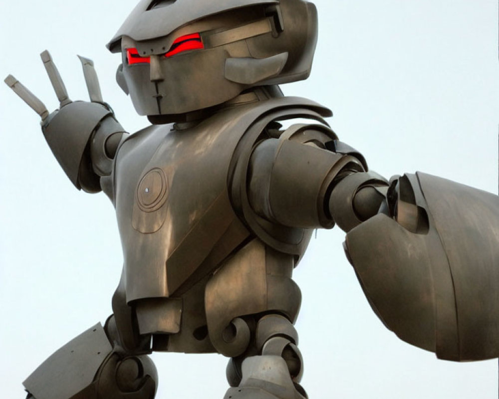 Metallic Robot with Glowing Red Eyes and Articulated Fingers Gesture against Plain Sky