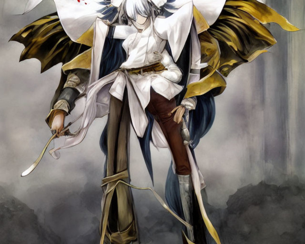 White-haired anime character in armor and robes with wings holding a bloodied sword