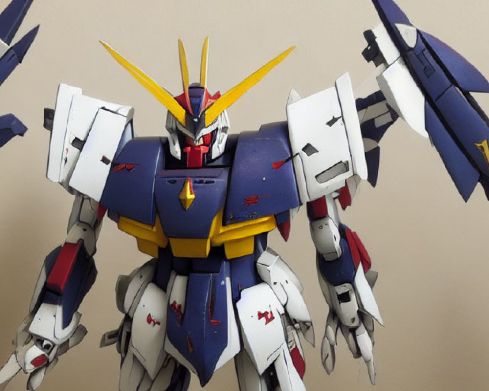 Detailed Blue and White Gundam Model with Yellow Accents