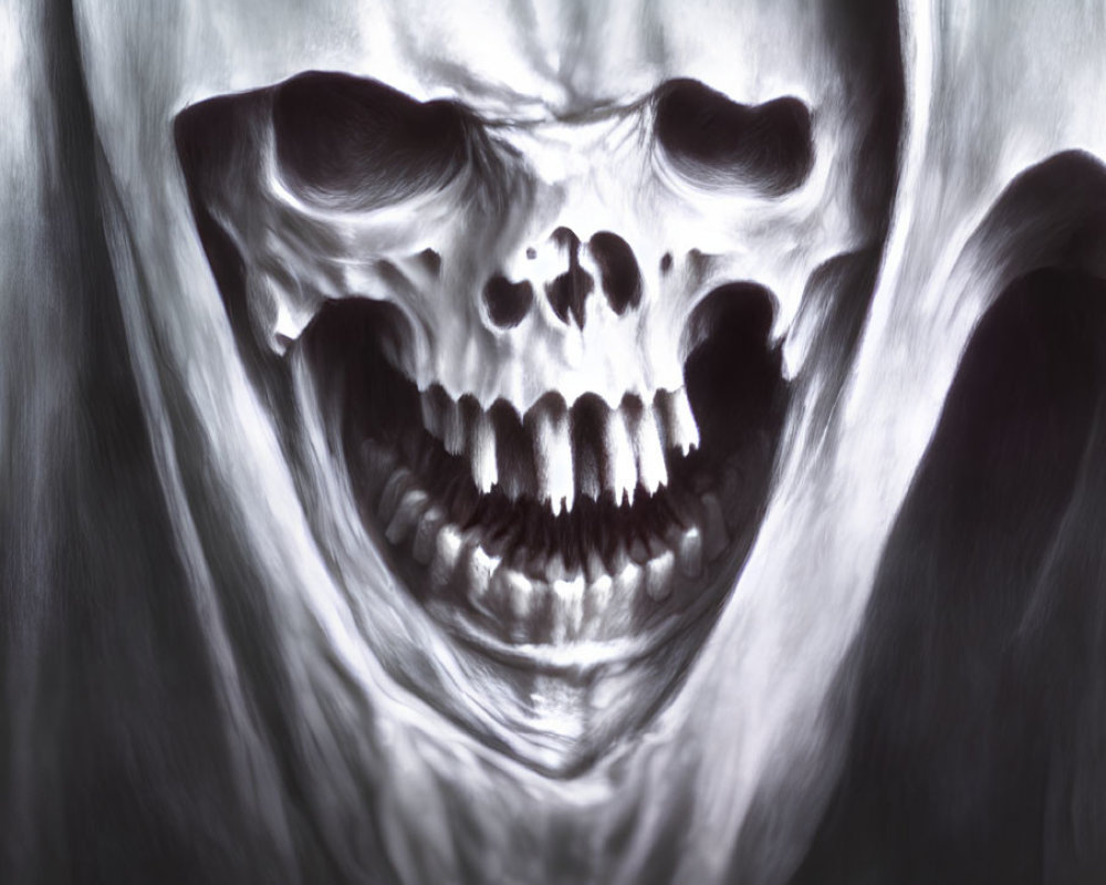 Monochrome artistic representation of a screaming skull with ghostly flowing form.