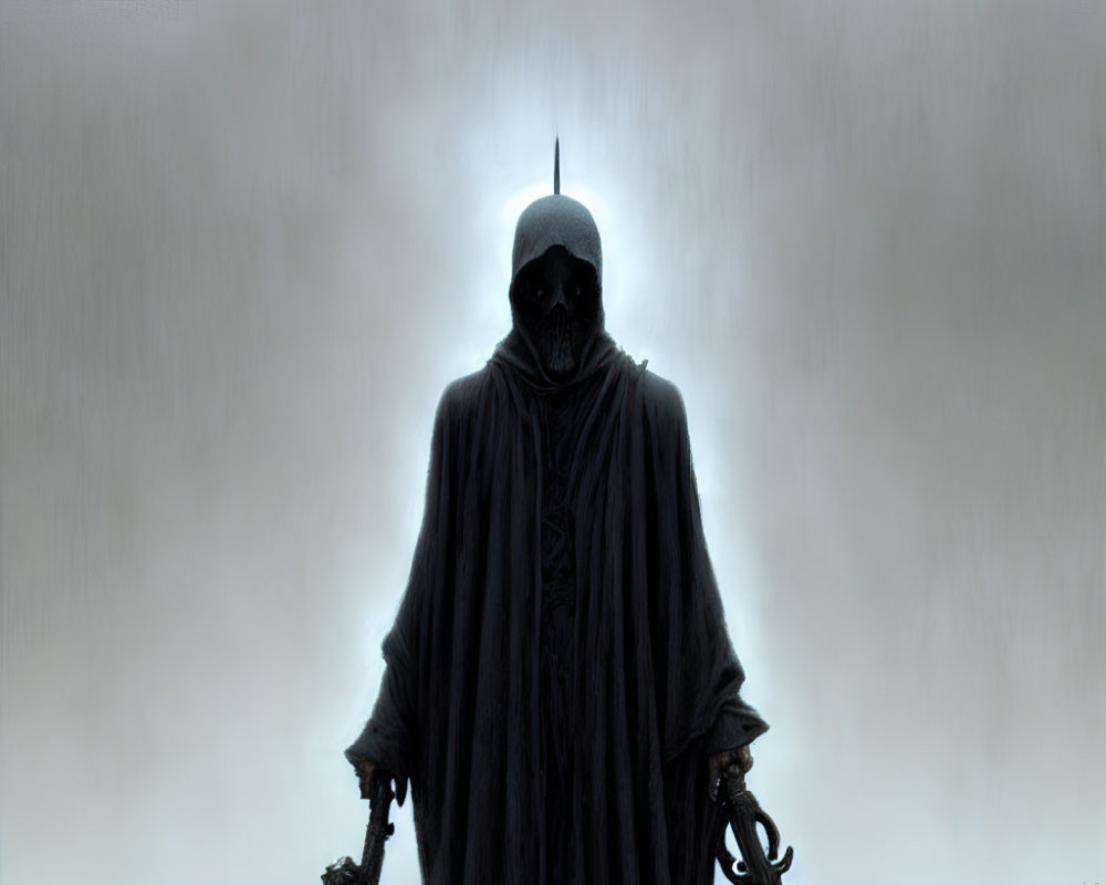 Hooded figure with swords in misty background