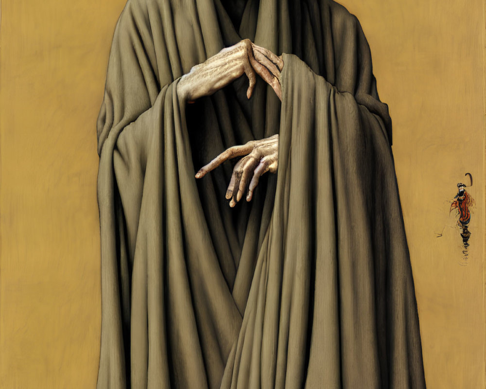 Skull-faced figure in brown cloak with elongated fingers on golden background