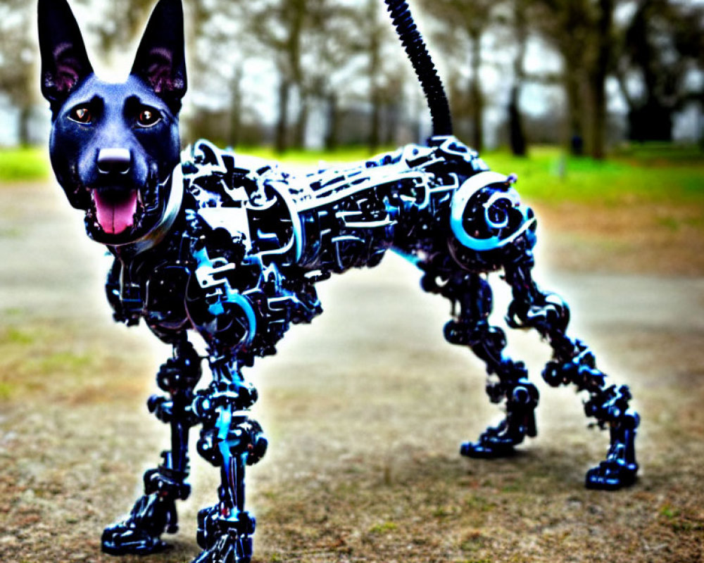 Digital art of dog head on mechanical body against nature backdrop