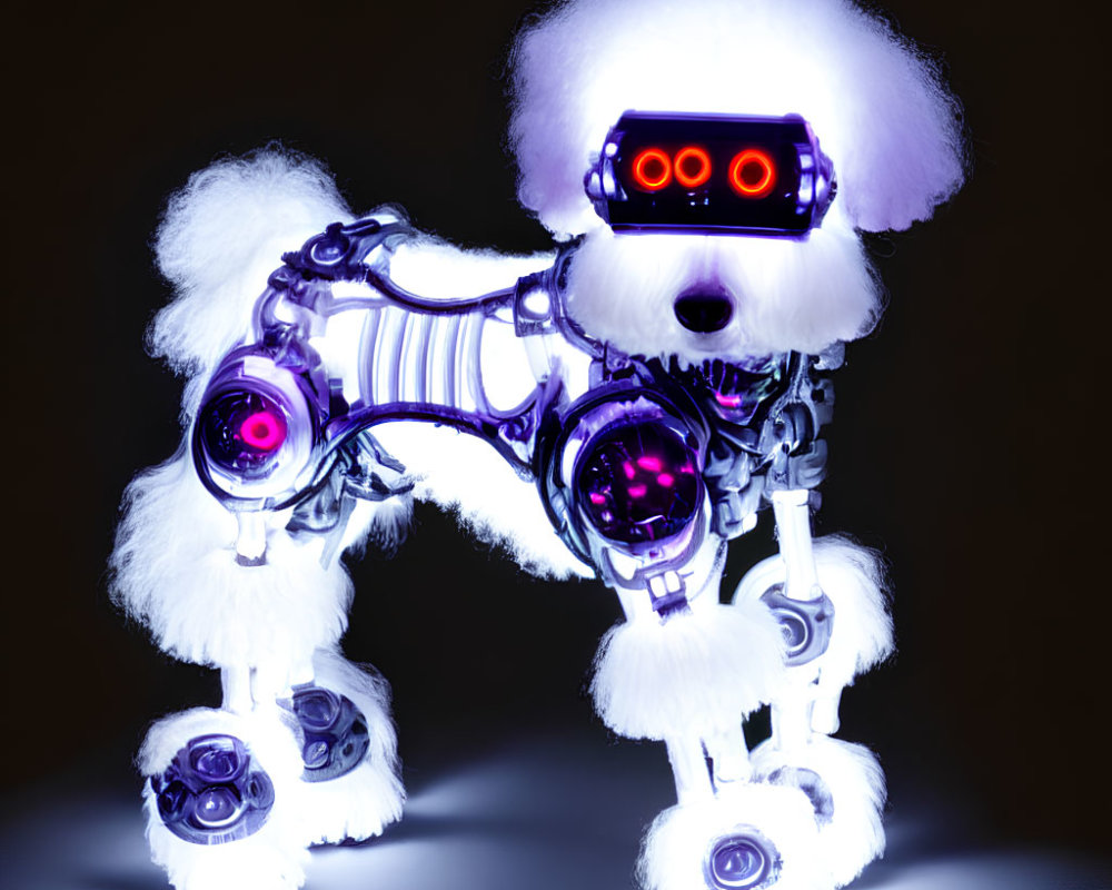 White Fluffy Robotic Dog with Purple and Red Illumination on Dark Background