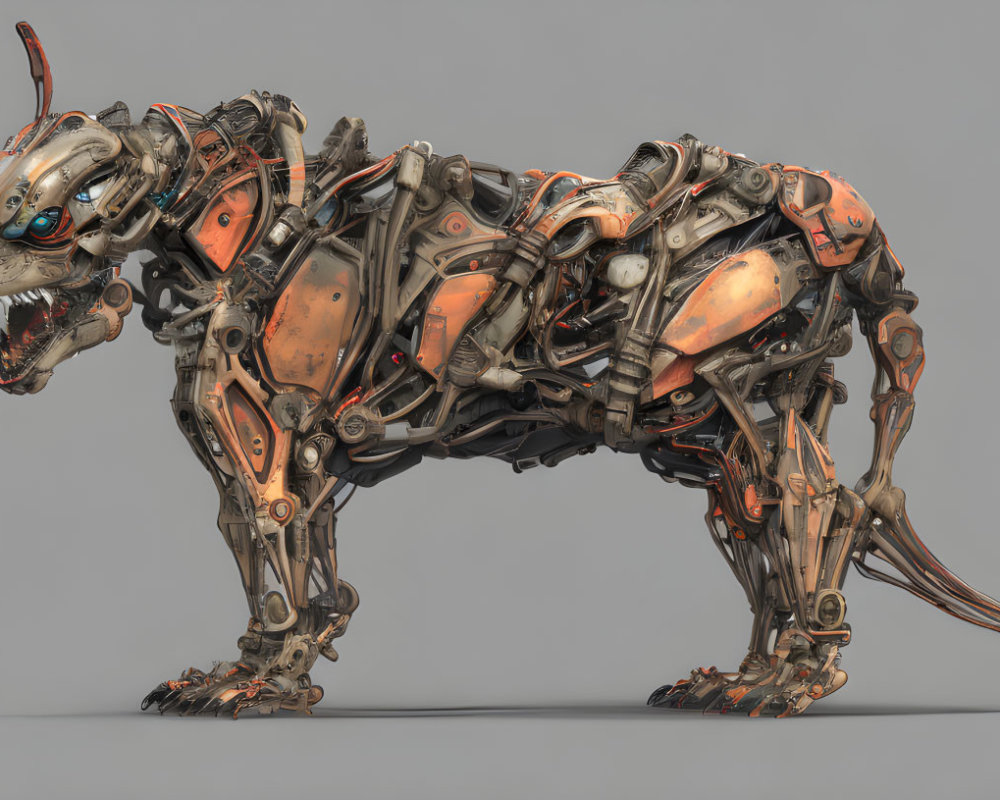 Detailed Image: Mechanical Robot Dog in Orange and Silver