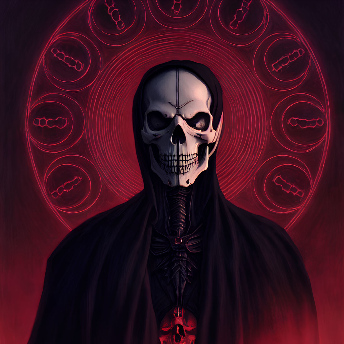 Skeleton figure in dark cloak on crimson 