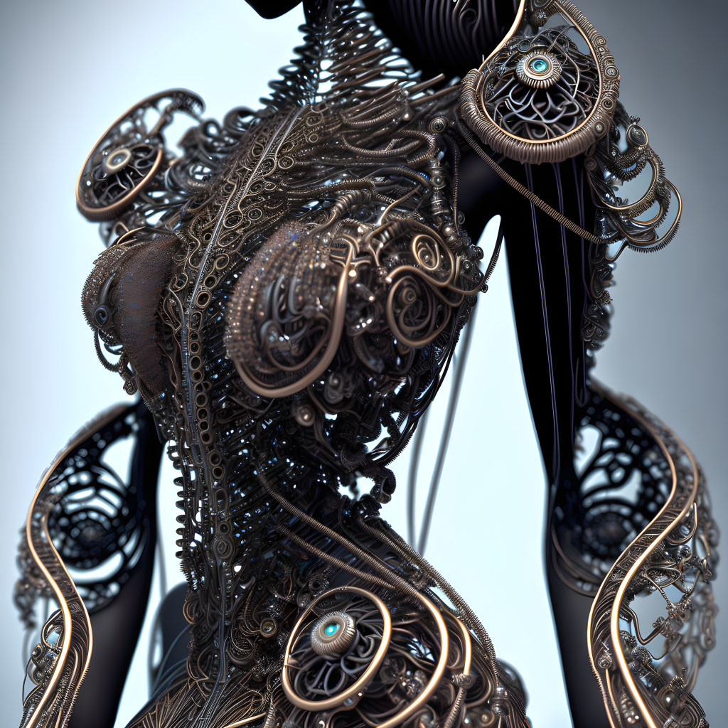 Intricate Steampunk-Style Robotic Figure with Blue Gem-like Centers