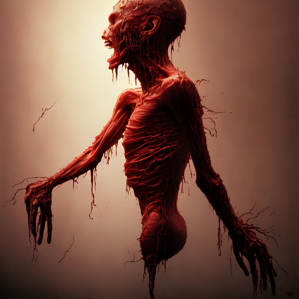 Emaciated creature with exposed muscle and elongated limbs on dark red backdrop