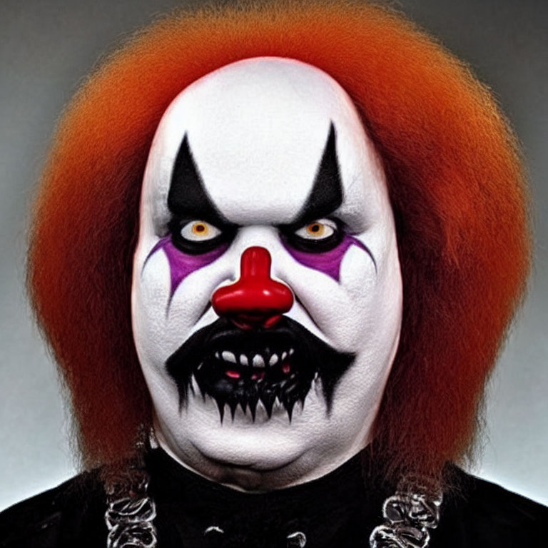 Clown makeup with white face, red nose, sharp teeth, dark eye designs, and red hair