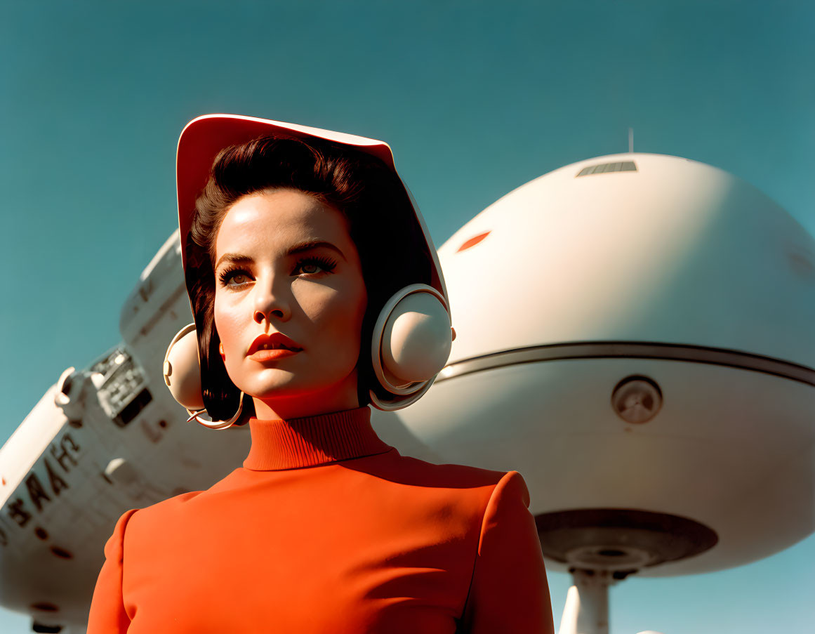 Woman in retro-futuristic outfit with space helmet and red dress next to classic spacecraft under blue sky