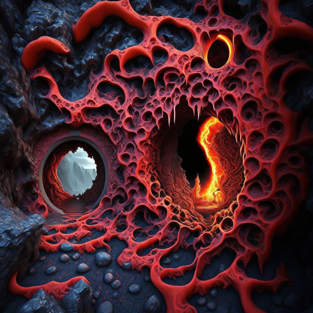 Surreal landscape with red porous structures and glowing lava core