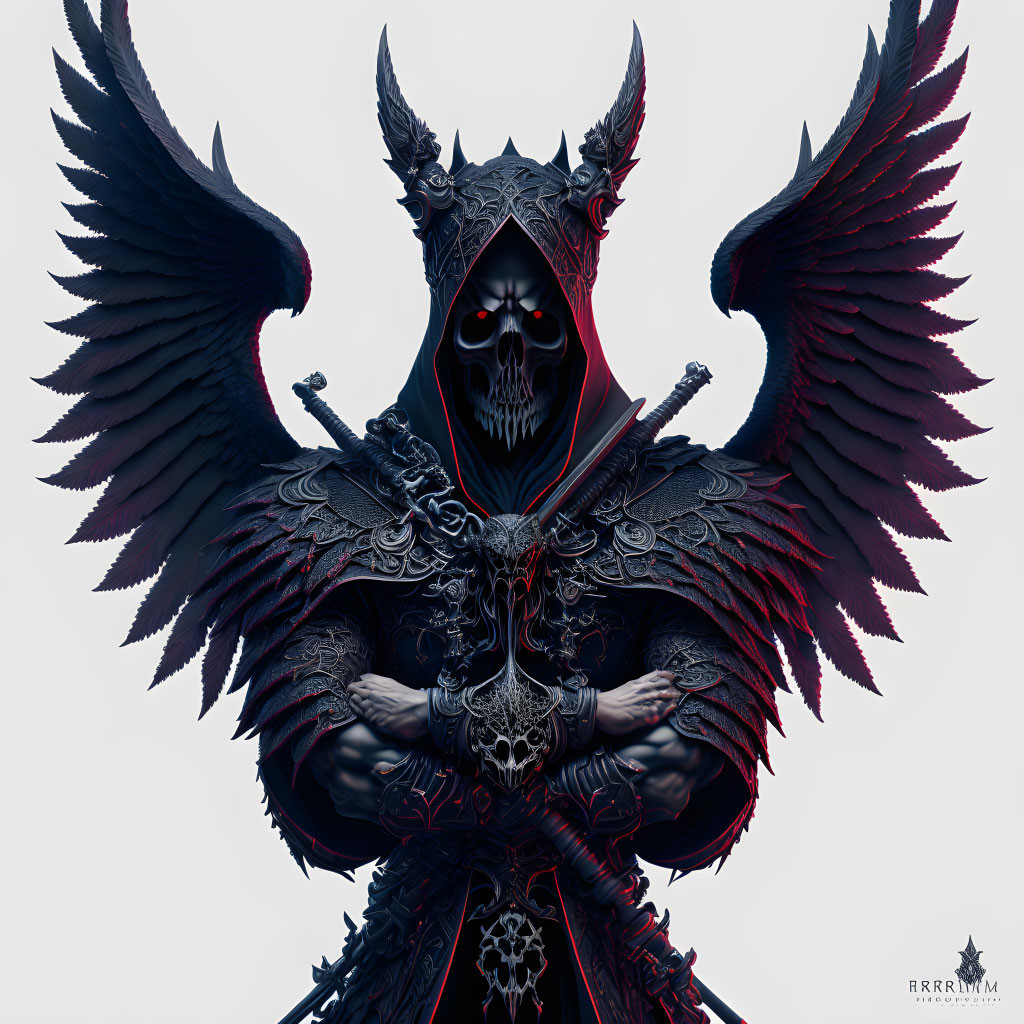 Sinister skull-faced figure with red eyes, dark armor, and swords crossed.