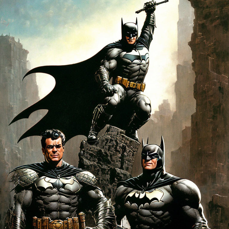 Three Batman artworks with hero and bat signal.