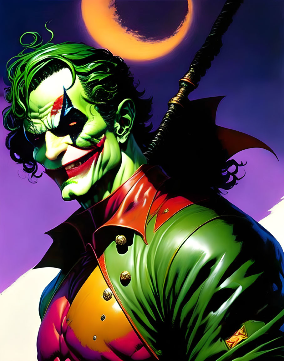 Colorful Joker illustration with maniacal grin in classic outfit under purple sky.